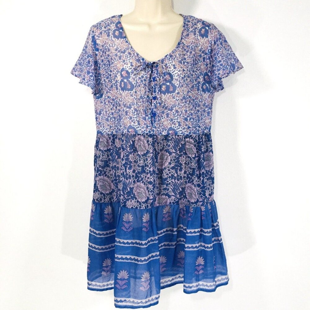 Blue Boheme Mixed Pattern Mini Shift Dress Sz M/L 100% Cotton Tiered Hem